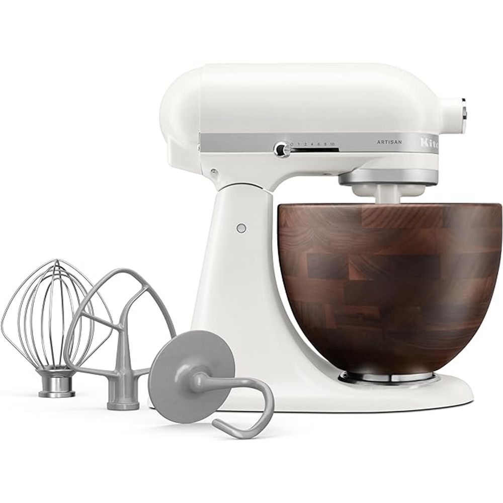 KitchenAid Artisan Stand Mixer with Walnut Wood Bowl – Porcelain White 5KSM156WBAPL
