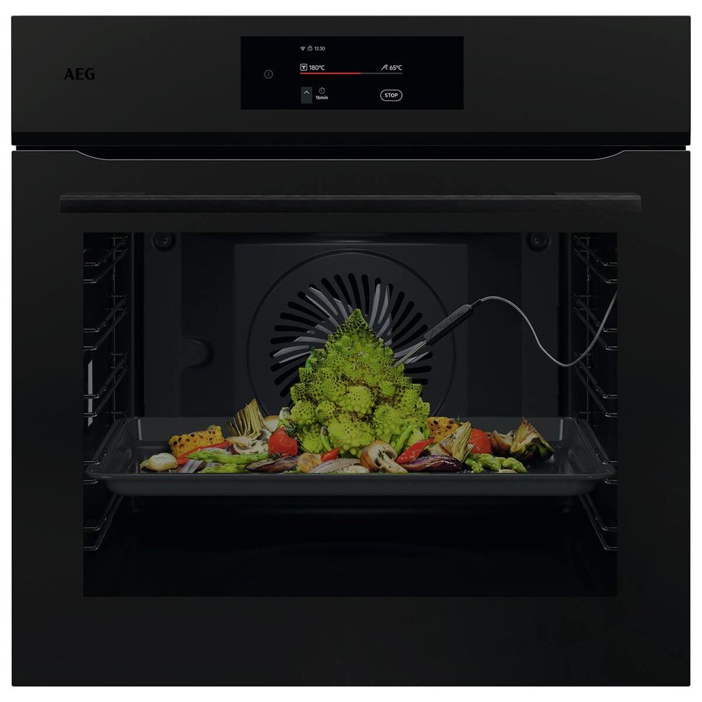 AEG 60cm 9000 Series Pyrolytic Built-In Oven with SenseCook – Black Glass NBT9P831AB